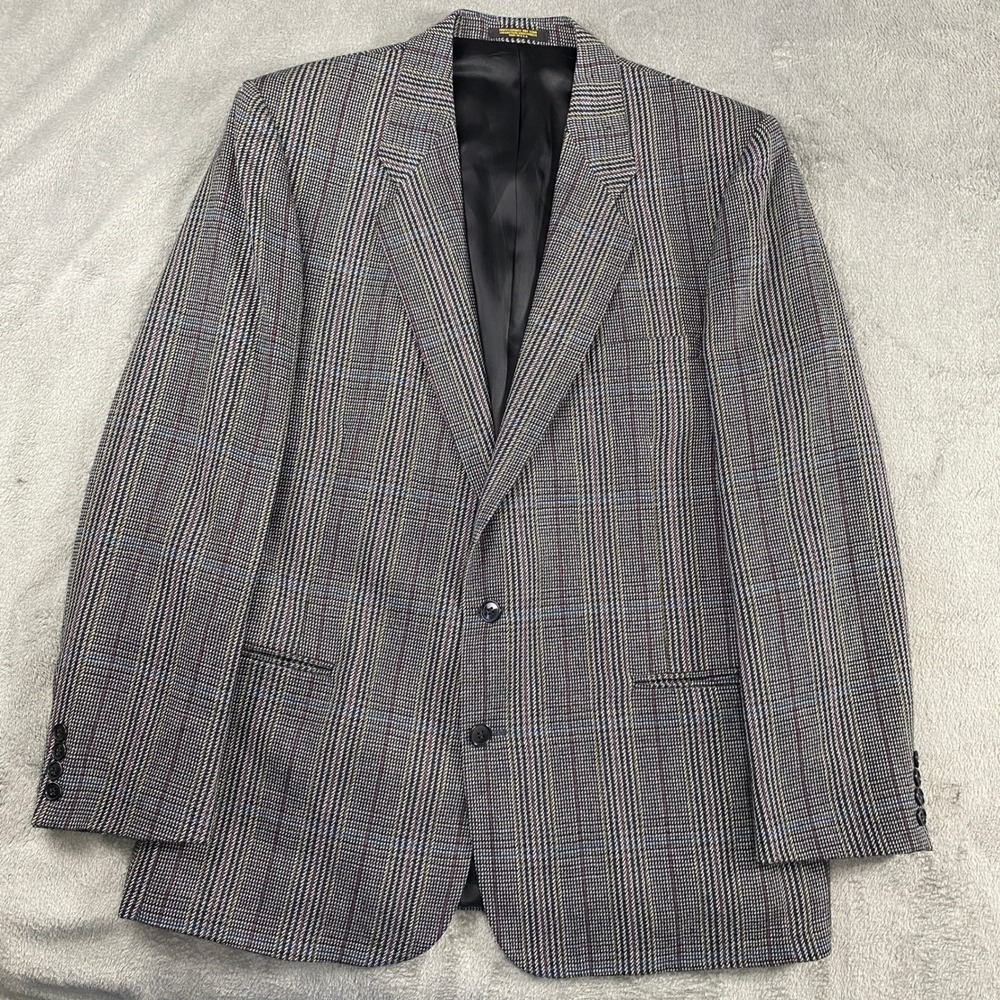 Vintage Evan Picone Blazer Mens 46L Gray Glen Plaid Pure Wool 2-Button USA Made